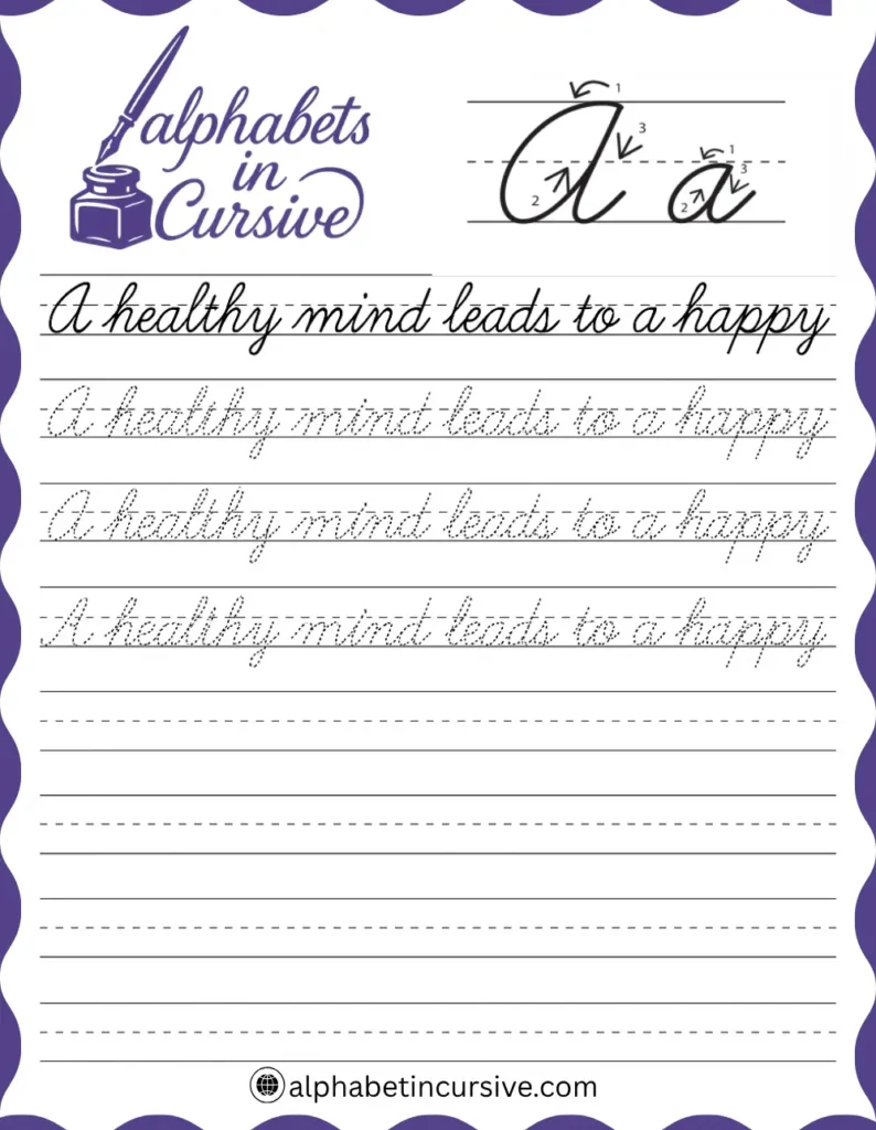 A healthy mind leads to a happy life Cursive Sentence worksheet