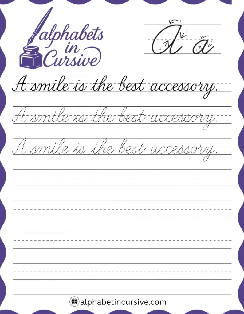 A smile is the best accessory Cursive Sentence worksheet