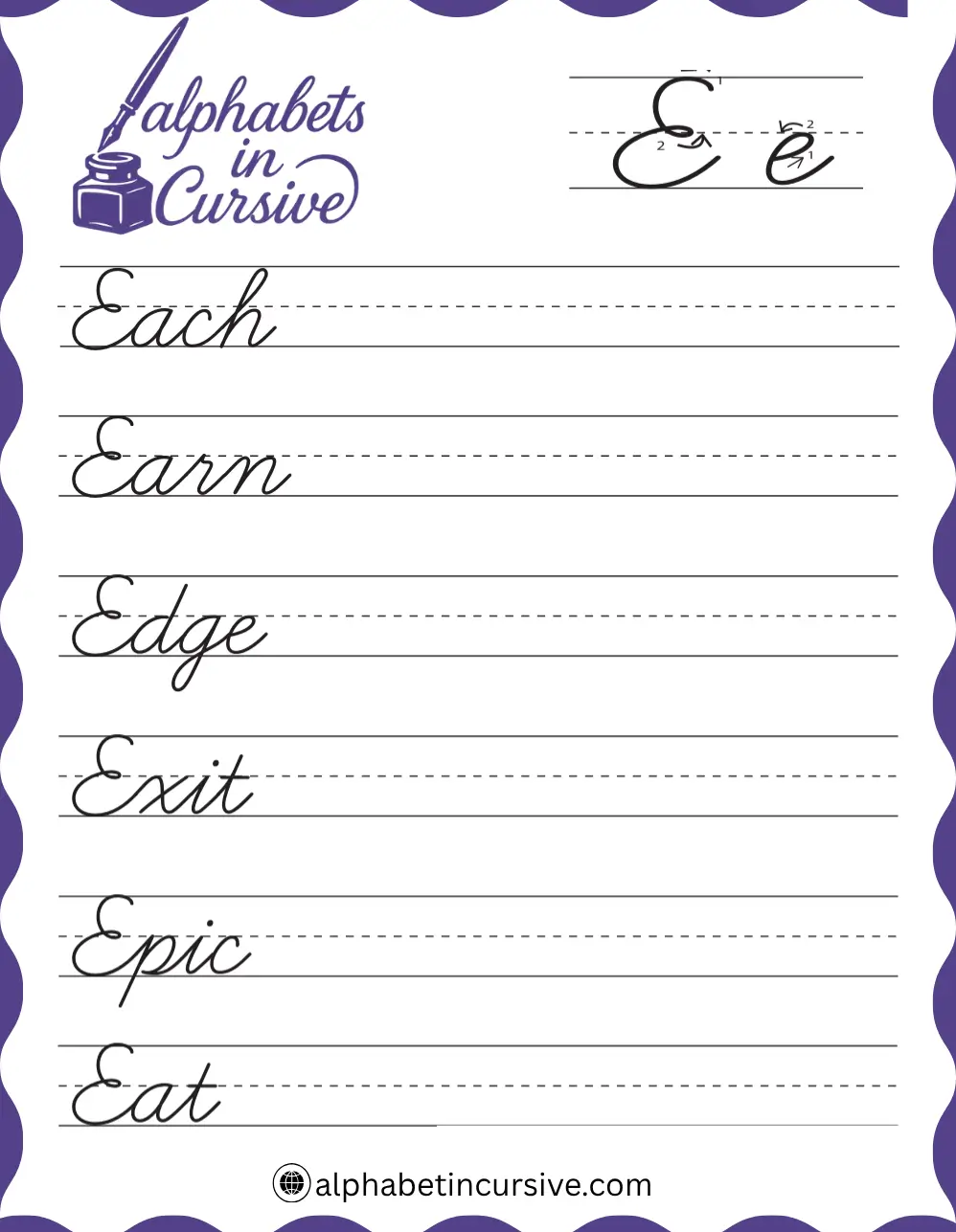Cursive Words E worksheet