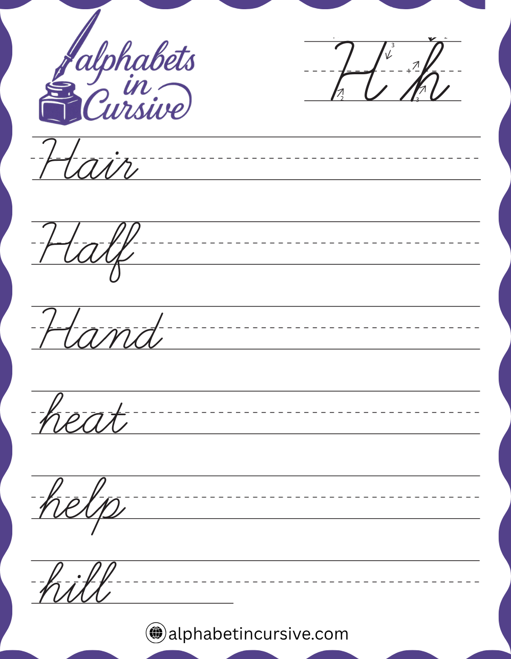 Cursive Words H Worksheet