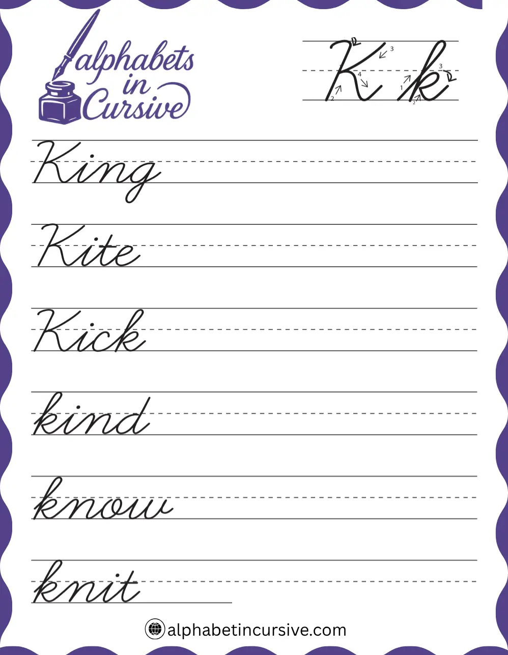 Cursive Words K Worksheet