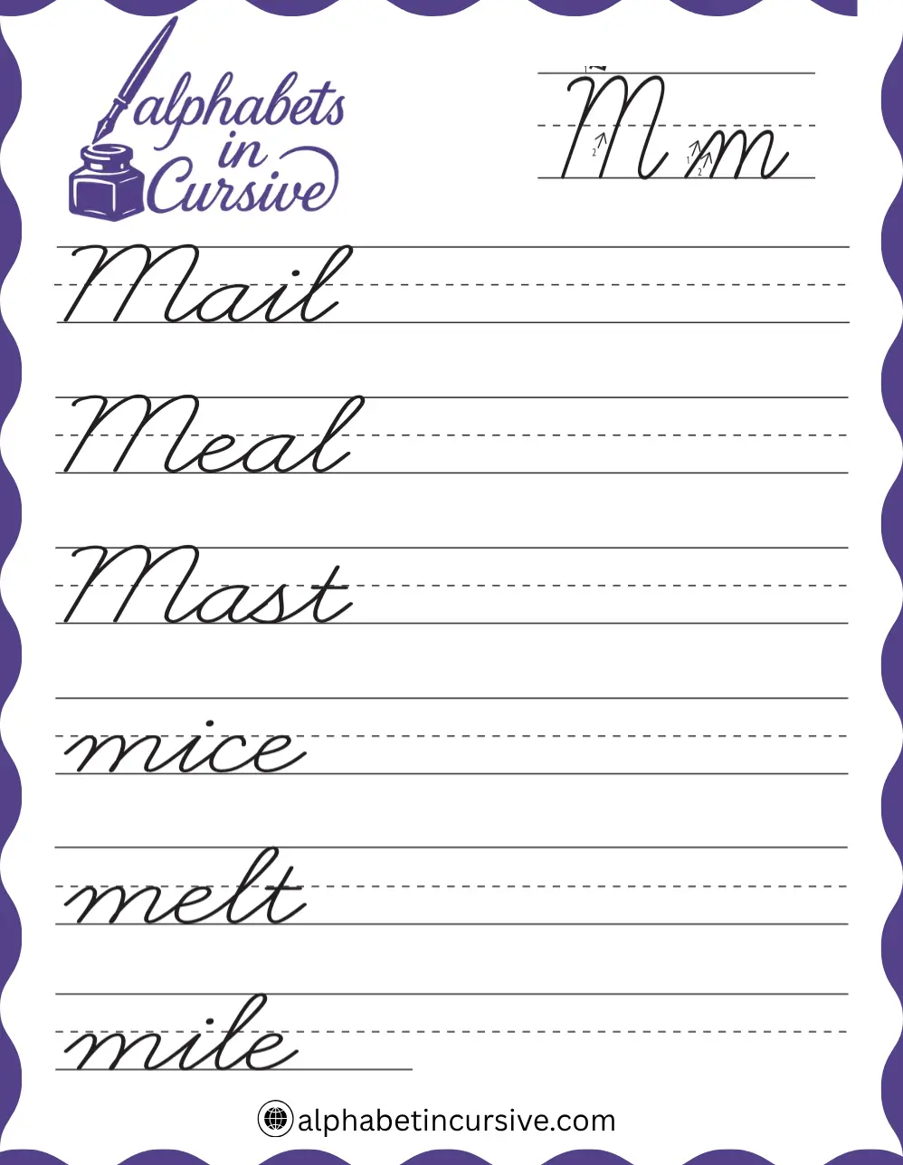 Cursive Words M Worksheet