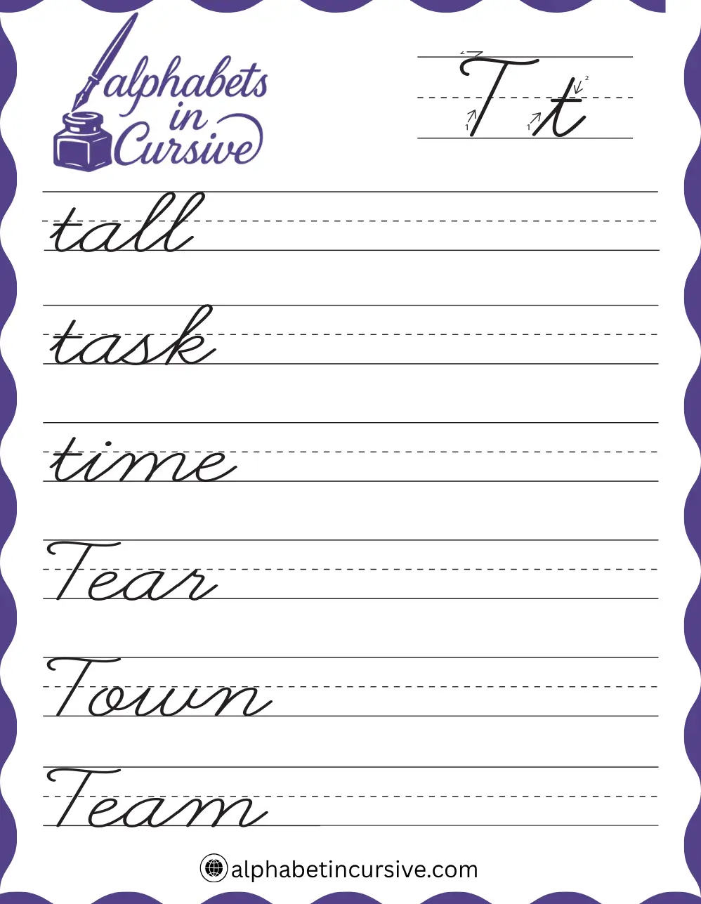 Cursive Words T Worksheet