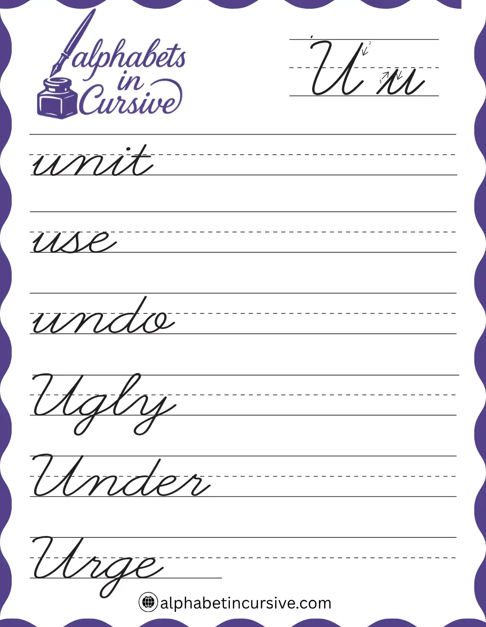 Cursive Words U Worksheet