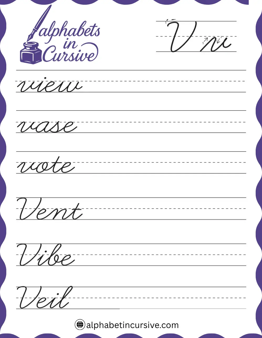 Cursive Words V Worksheet