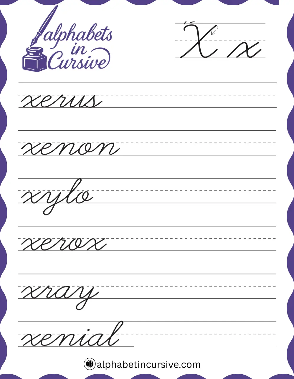 Cursive Words X Worksheet