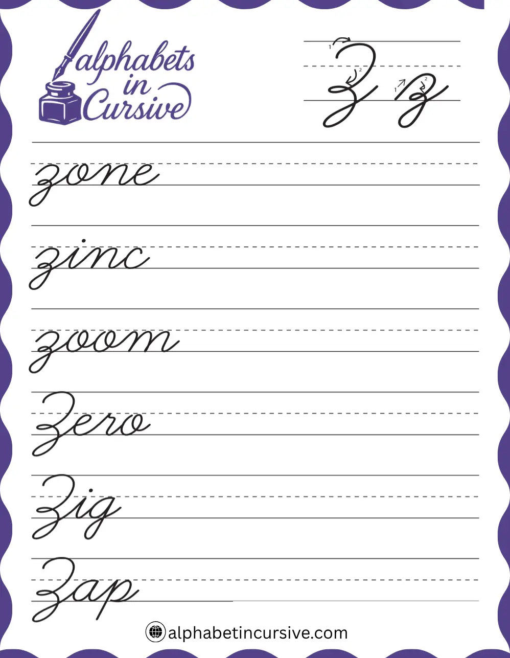 Cursive Words Z Worksheet