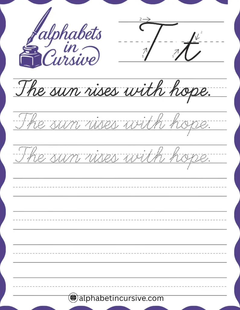 The sun rises with the hope Cursive Sentence worksheet