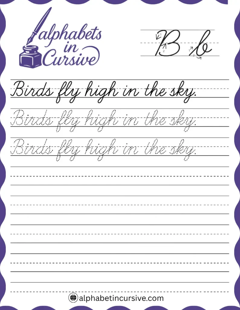 Birds fly high in the sky Cursive Sentence worksheet