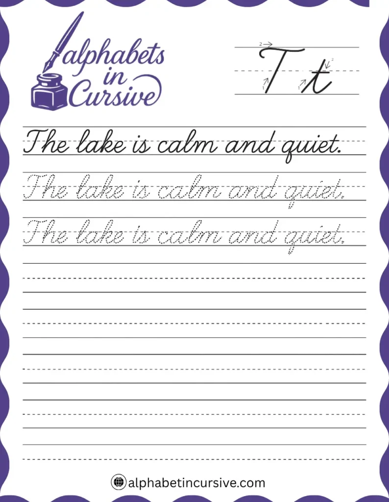 The lake is calm and quiet Cursive Sentence worksheet