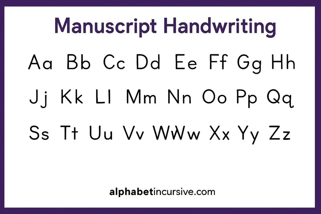 lowercase and uppercase letters from A to Z in Manuscript Handwriting