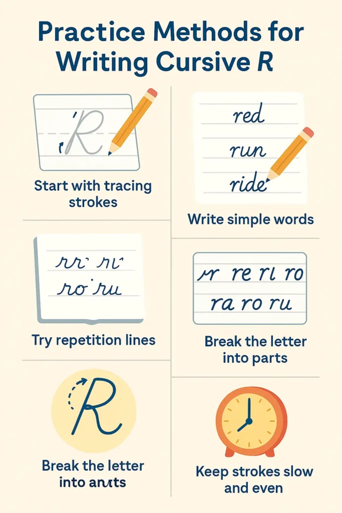 infographic of Practice Methods for Writing Cursive R