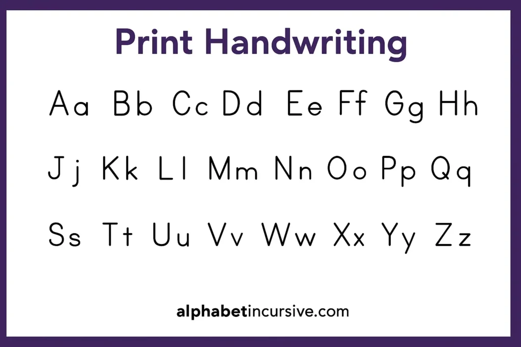 lowercase and uppercase letters from A to Z in Print hand writing