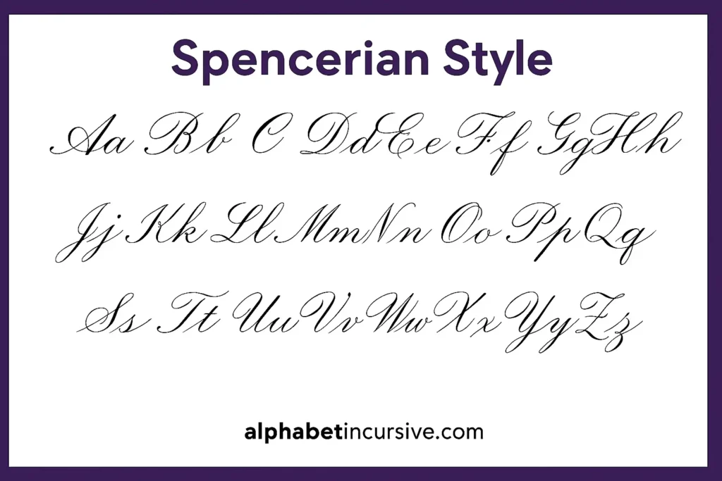 lowercase and uppercase letters from A to Z in Spencerian style handwriting