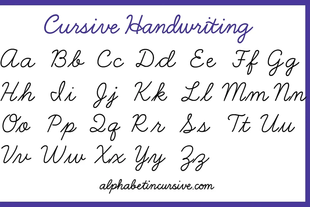 lowercase and uppercase letters from A to Z in cursive handwriting