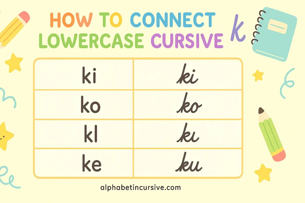 visual representation of how to connect lowercase cursive k