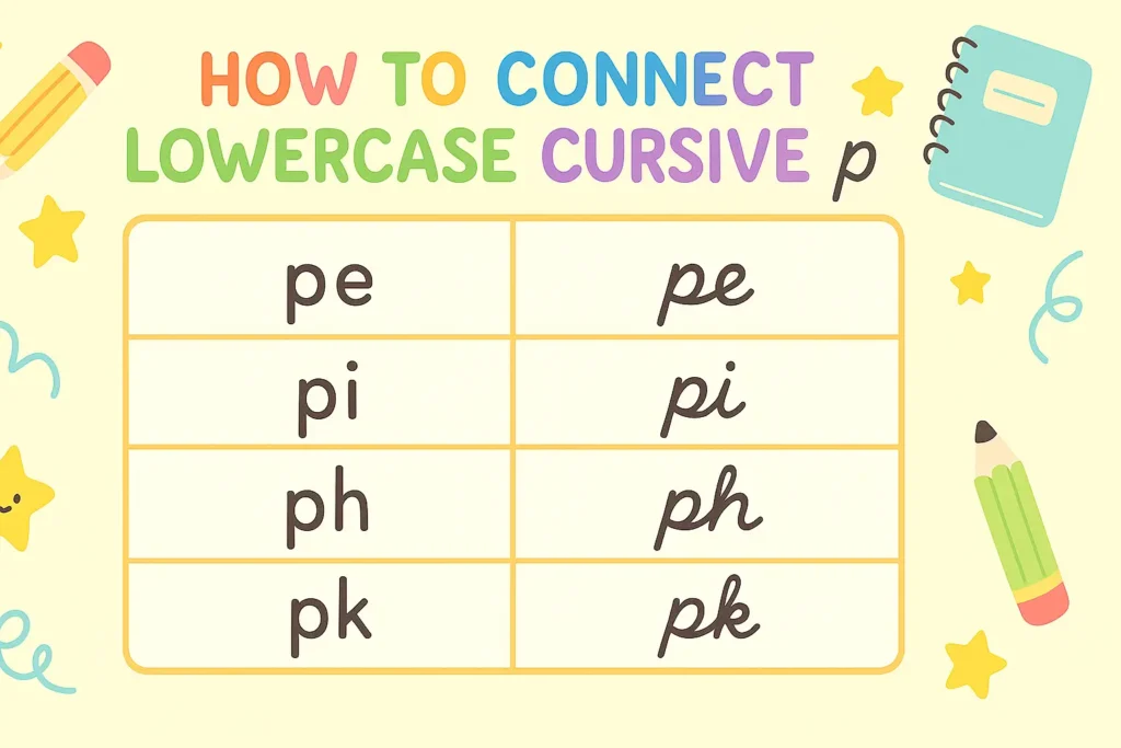 visual representation of how to connect lowercase cursive p