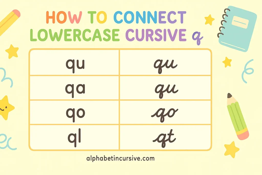 Visual representation of how to connect lowercase cursive q