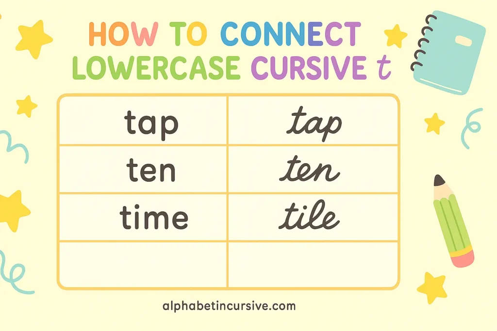 visual representation of how to connect lowercase cursive t