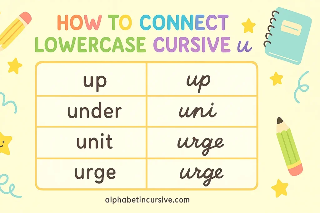 visual representation of how to connect lowercase cursive u