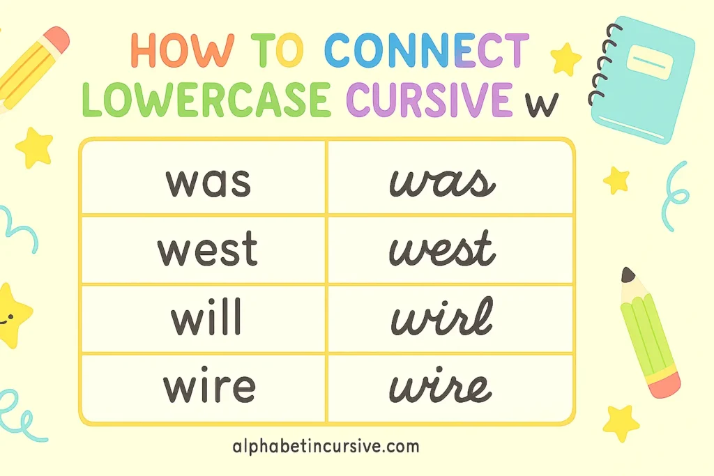 visual representation of how to connect lowercase cursive w