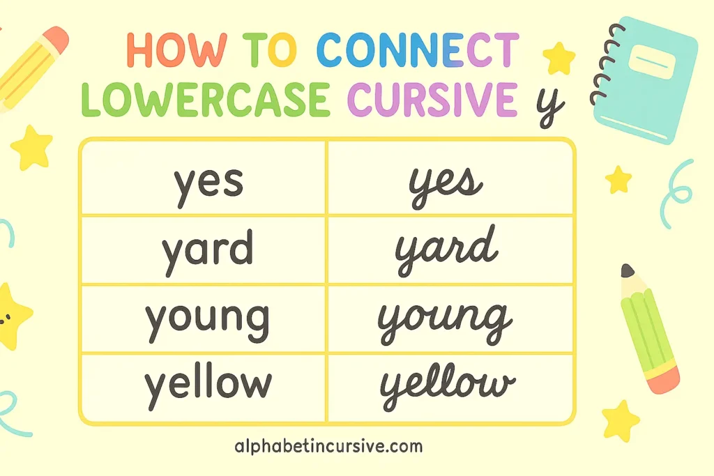visual representaion of how to connect lowercase cursive y 