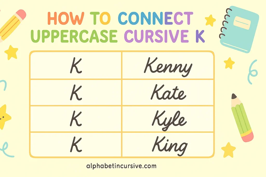 visual representation of how to connect uppercase cursive K