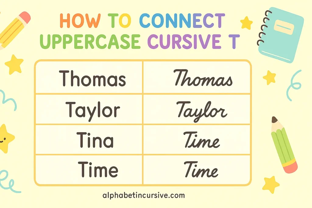 visual representation of how to connect uppercase cursive T