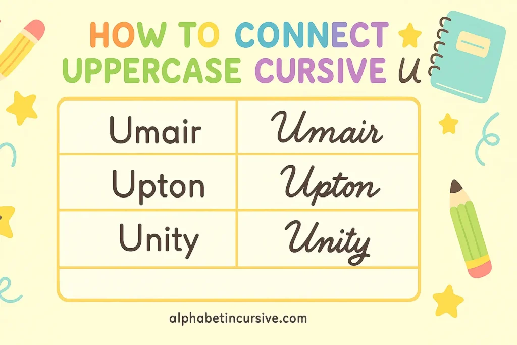 visual representation of how to connect uppercase cursive U