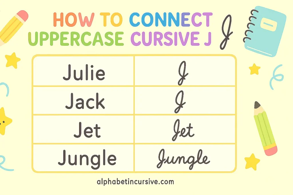 visual representation of how to connect uppercase cursive j