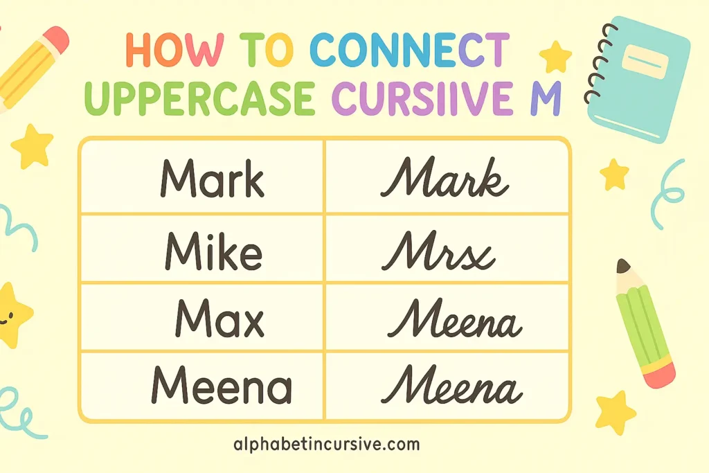 visual representation of how to connect uppercase cursive m