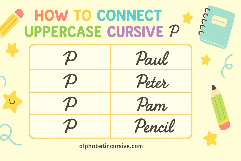 visually representation of how to connect uppercase cursive p