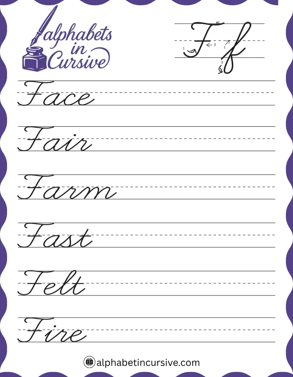 Cursive Words F Worksheet