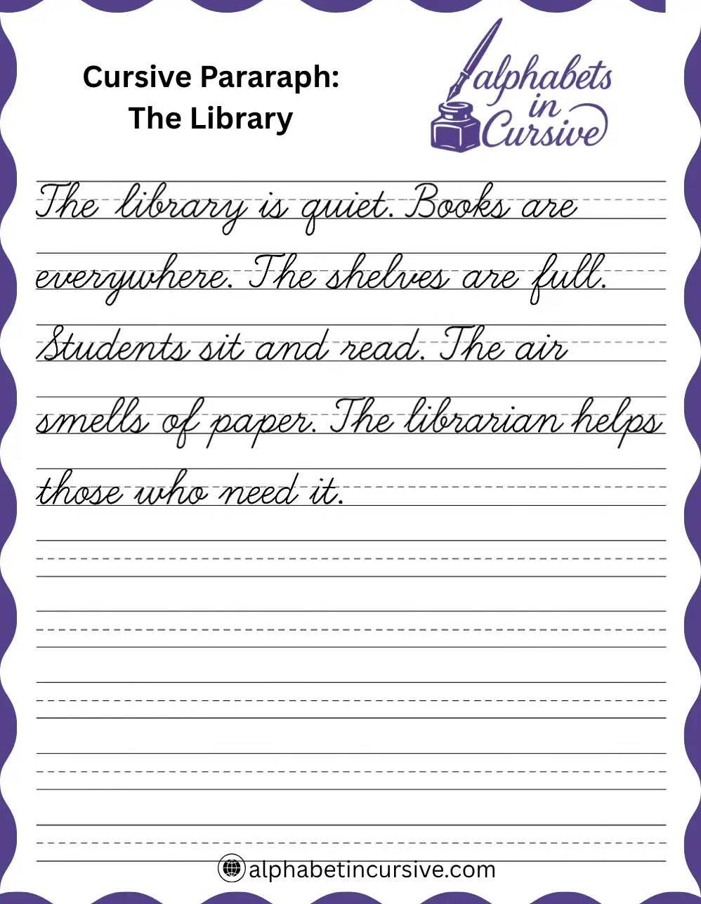 The Library Cursive Paragraph worksheet