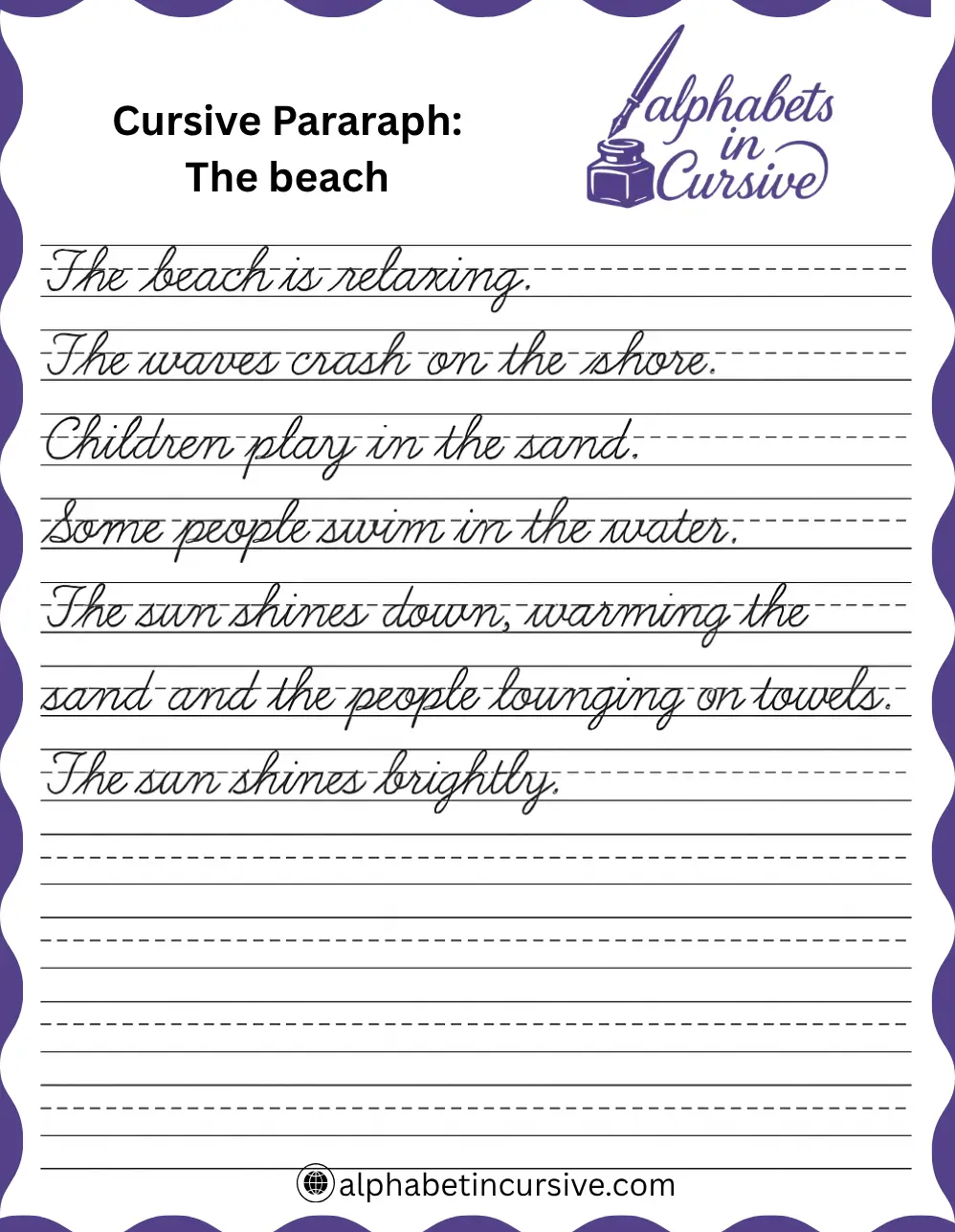 The beach Cursive Paragraph worksheet